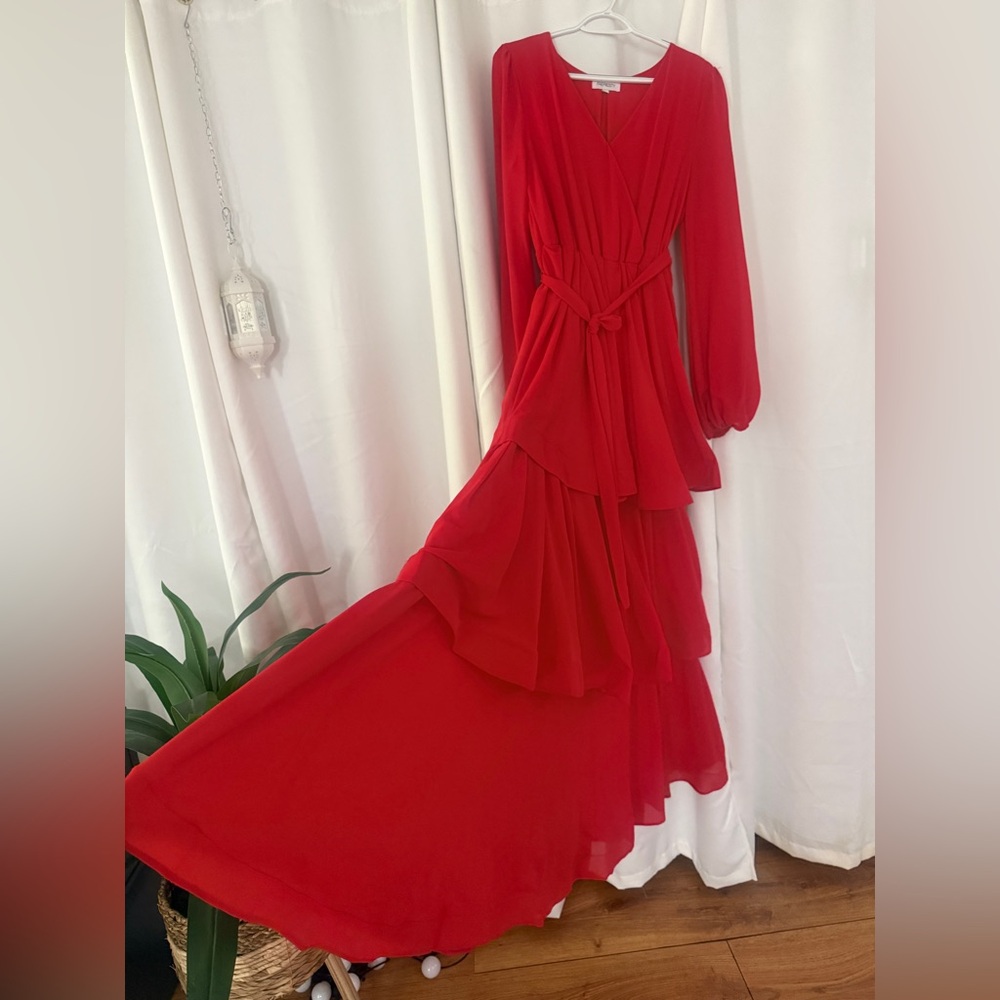 Elegant Red Long Sleeve Ruffle Maxi Dress - Picture 5 of 13